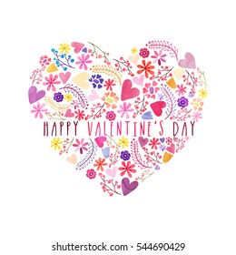 Creative Heart made by colorful floral ornaments, Elegant greeting card for Happy Valentine's Day Celebration.