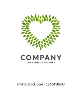 creative Heart made from green leaves logo vector, green heart with leaves vegan herbal healthcare