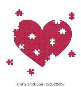 Creative heart puzzle. Broken heart and unhappy unrequited love concept. Puzzle pieces. Flat outline vector illustration. Viva magenta color. 