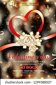 Creative heart shape with golden rose flower on bokeh background for Valentine's Day template or flyer design.