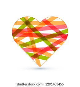 Creative heart shape made by colorful stripes on white background for Valentine's Day.