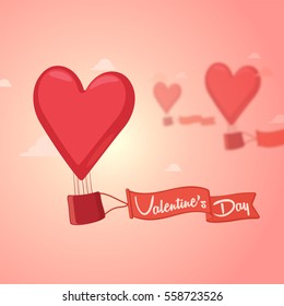 Creative Heart shaped Hot Air Balloons with Valentine's Day ribbon, flying in sky.