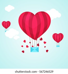 Creative Heart shaped Hot Air Balloon with Envelope flying in the sky for Happy Valentine's Day celebration.