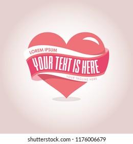 Creative heart shaped with ribbon template design for labelling, sticker, packaging, banner, event, party, campaign. Isolated icon, vector design.