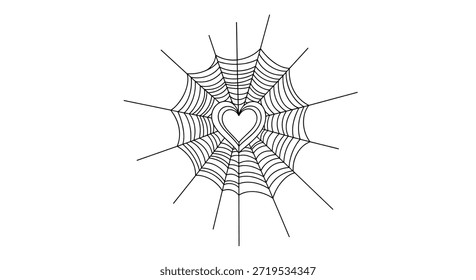 Web de araña en forma de corazón creativo presentado en un estilo de arte de línea blanco y negro limpio para temas góticos o románticos.