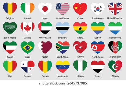 Creative heart-shaped flags of global countries, representing love, unity, peace, and diversity. Ideal for use in international, educational, cultural, or patriotic design projects.