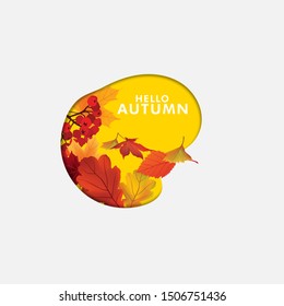 Creative Hello Autumn banner or poster design with paper cut leaves background. Vector Illustration.