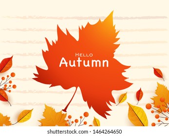 Creative Hello Autumn poster or banner design with colorful autumn leaves and flowers bud on abstract striped background.