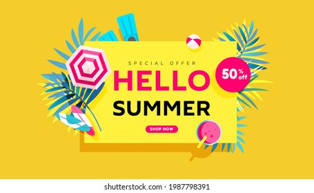 Creative hello summer sale banner in trendy bright colors with tropical leaves and discount text. Season promotion illustration.