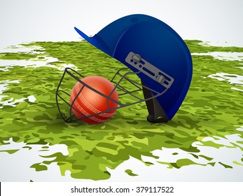 Casco creativo con balón brillante sobre hierba verde para el concepto de Deportes de Cricket.
