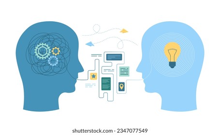 Creative help in difficult problem, understanding vector illustration. Cartoon isolated silhouettes of human heads with connection of messages and communications, process of unraveling tangled thread