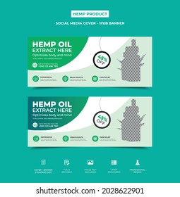 creative hemp social media timeline cover template design with two bottle image, two green gradient color variation. eye-catchy, organized, editable template. vector eps 10 version, web banner