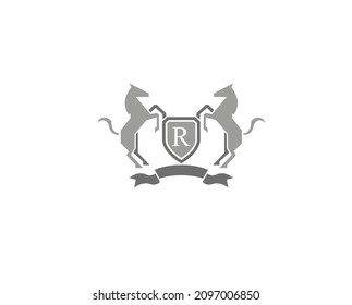 símbolo del vector del logotipo del escudo de caballos herálico creativo