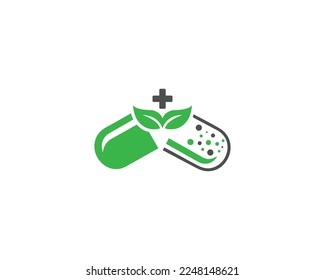 Creative Herbal Capsule With Green Leaf Medical Plus Logo Design Icon Vector Template.