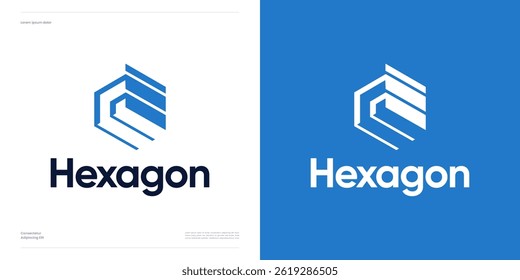 Hexágono creativo con arte de línea geométrica abstracto, Ilustración vectorial de diseño de icono de logotipo editable, polígono de símbolo con color azul para negocios de identidad de marca 