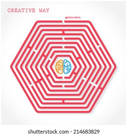 Creative hexagon maze way concept. Creative brain symbol  in the middle of hexagonal maze, education sign , business ideas .Vector illustration.