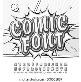Creative high detail black and white monochrome comic font. Alphabet in style of comics, pop art. Multilayer 3d letters and figures for kids' illustrations, comics, banners. Explosion, speech bubble.