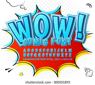 Creative High Detail Blue Comic Font. Alphabet In Style Of Comics, Pop Art. Multilayer Funny Colorful 3d Letters And Figures For Kids' Illustrations,  Comics, Banners. Explosion, Speech Bubble.