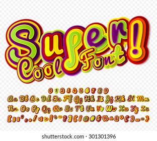 Creative high detail colorful comic font. Alphabet in style of comics, pop art. Multilayer funny 3d letters and figures for kids' illustrations, comics, banners. Characters are painted differently