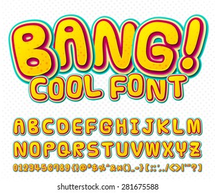 Creative high detail comic font. Alphabet in the style of comics and pop art. Multilayer funny colorful letters and figures for decoration of kids' illustrations, websites, posters, comics and banners