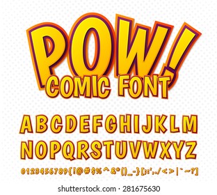 Creative high detail comic font. Alphabet in the style of comics and pop art. Multilayer funny colorful letters and figures for decoration of kids' illustrations, websites, posters, comics and banners