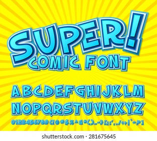 Creative high detail comic font. Alphabet in the style of comics and pop art. Multilayer funny colorful letters and figures for decoration of kids' illustrations, websites, posters, comics and banners