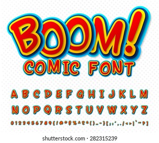 Creative high detail comic font. Alphabet in the style of comics and pop art. Multilayer funny colorful letters and figures for decoration of kids' illustrations, websites, posters, comics and banners