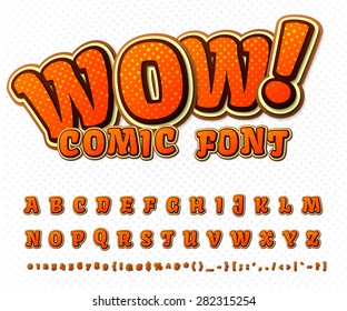 Creative high detail comic font. Alphabet in the style of comics and pop art. Multilayer funny colorful letters and figures for decoration of kids' illustrations, websites, posters, comics and banners