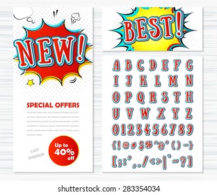 Creative high detail comic font, templates banners. Alphabet in style of comics, pop art. Multilayer colorful 3d letters and figures for decoration of kids' illustrations, websites, posters, comics