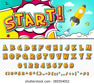 Creative high detail comic font. Alphabet in the style of comics, pop art. Multilayer funny colorful 3d letters and figures for decoration of kids' illustrations, websites, posters, comics and banners