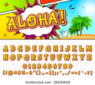 Creative high detail comic font. Alphabet in the style of comics, pop art. Multilayer funny colorful 3d letters and figures for decoration of kids' illustrations, websites, posters, comics and banners