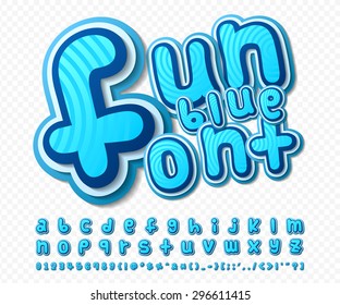 Creative high detail comic font. Alphabet in style of comics, pop art. Multilayer funny colorful 3d letters in a blue color and figures for of kids' illustrations, websites, posters, comics, banners