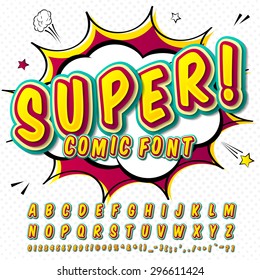 Creative high detail comic font. Alphabet in style of comics, pop art. Multilayer funny colorful 3d letters and figures for kids' illustrations, websites, comics, banners. Explosion, speech bubble.