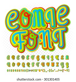 Creative high detail  comic font. Alphabet in style of comics, pop art. Multilayer funny colorful 3d letters and figures for kids' illustrations, comics, banners. Characters are painted differently