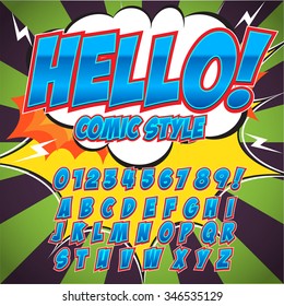 Creative high detail comic font. Alphabet in the style of comics, pop art. Letters and figures for decoration of kids' illustrations, websites, posters, comics and banners.