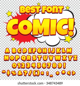 Creative high detail comic font. Alphabet in the style of comics, pop art. Letters and figures for decoration of kids' illustrations, websites, comics and banners. 