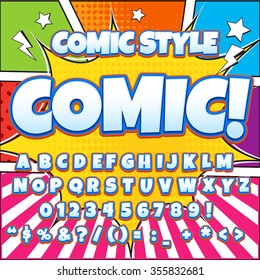 Creative high detail comic font. Alphabet in the style of comics, pop art. Letters and figures for decoration of kids' illustrations, websites, posters, comics and banners.