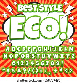 Creative high detail comic font. Alphabet in the style of comics, pop art. Letters and figures for decoration of kids' illustrations, websites, comics and banners. Easy to use for works.