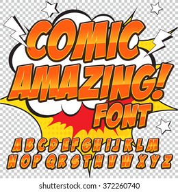 Creative high detail comic font. Alphabet in the style of comics, pop art. Letters and figures for decoration of kids' illustrations, comics and banners. Easy to use for works.