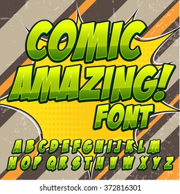 Creative high detail comic font. Alphabet in the green color style of comics, pop art. Letters and figures for decoration of kids' illustrations, websites, posters, comics and banners.