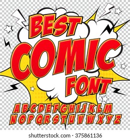 Creative high detail comic font. Alphabet in the red style of comics, pop art. Letters and figures for decoration of kids' illustrations, websites, posters, comics and banners.