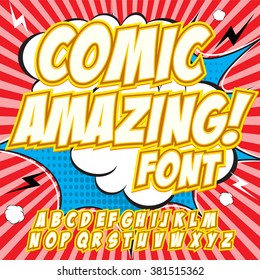 Creative high detail comic font. Alphabet in the orange style of comics, pop art. Letters and figures for decoration of kids' illustrations, websites, posters, comics and banners.