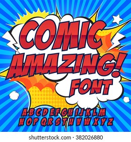 Creative high detail comic font. Alphabet in the style of comics, pop art. Letters and figures for decoration of kids' illustrations, websites, posters, comics and banners.