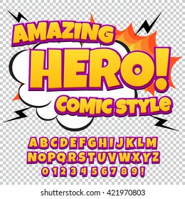 Creative high detail comic font. Alphabet in the style of comics, pop art. Letters and figures for decoration of kids' illustrations, websites, posters, comics and banners.
