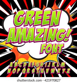 Creative high detail comic font. Alphabet in the green pink style of comics, pop art. Letters and figures for decoration of kids' illustrations, websites, posters, comics and banners.