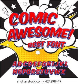 Creative high detail comic font. Alphabet in the style of comics, pop art. Letters and figures for decoration of kids' illustrations, websites, posters, comics and banners.