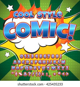 Creative high detail comic font. Alphabet style of comics, pop art. Letters and figures for decoration of kids' illustrations, websites, posters, comics and banners.