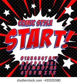 Creative high detail comic font. Alphabet in the style of comics, pop art. Letters and figures for decoration of kids' illustrations, websites, posters, comics and banners.