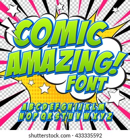 Creative high detail comic font. Alphabet in the green style of comics, pop art. Letters and figures for decoration of kids' illustrations, websites, posters.