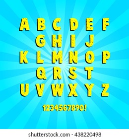 Creative high detail comic font. Alphabet in the style of comics and pop art. Multilayer funny colorful letters and figures for decoration of kids' illustrations, websites, posters, comics and banners